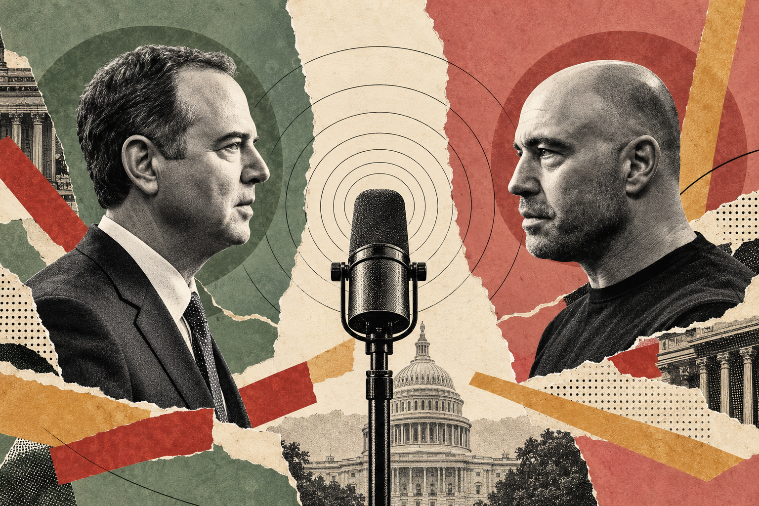 Editorial collage of Adam Schiff and Joe Rogan on separate paper panels, with a microphone and the Capitol between them.